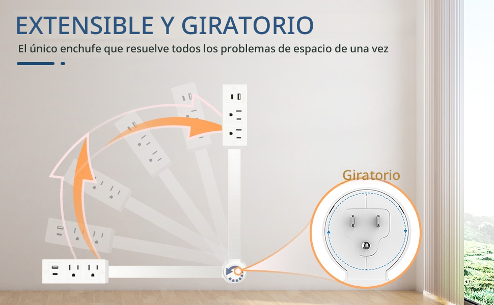 ⚡Power Strip Extender - Power strip expander, extendable outlet for hard-to-reach places, features USB-A, USB-C, 2 AC outlets, rotates 180°