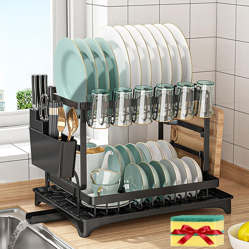 ✨Dish drying rack, large 2-tier dish drainer for kitchen countertop with stainless steel drip tray for plates/knives/cups/cutting board