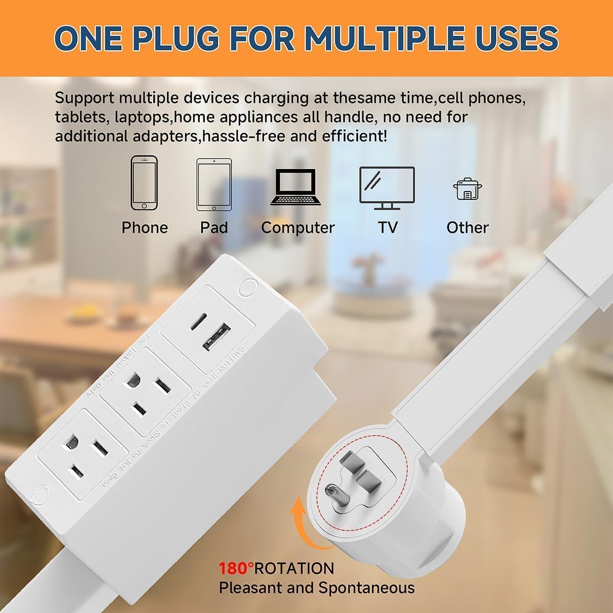 ⚡Power Strip Extender - Power strip expander, extendable outlet for hard-to-reach places, features USB-A, USB-C, 2 AC outlets, rotates 180°