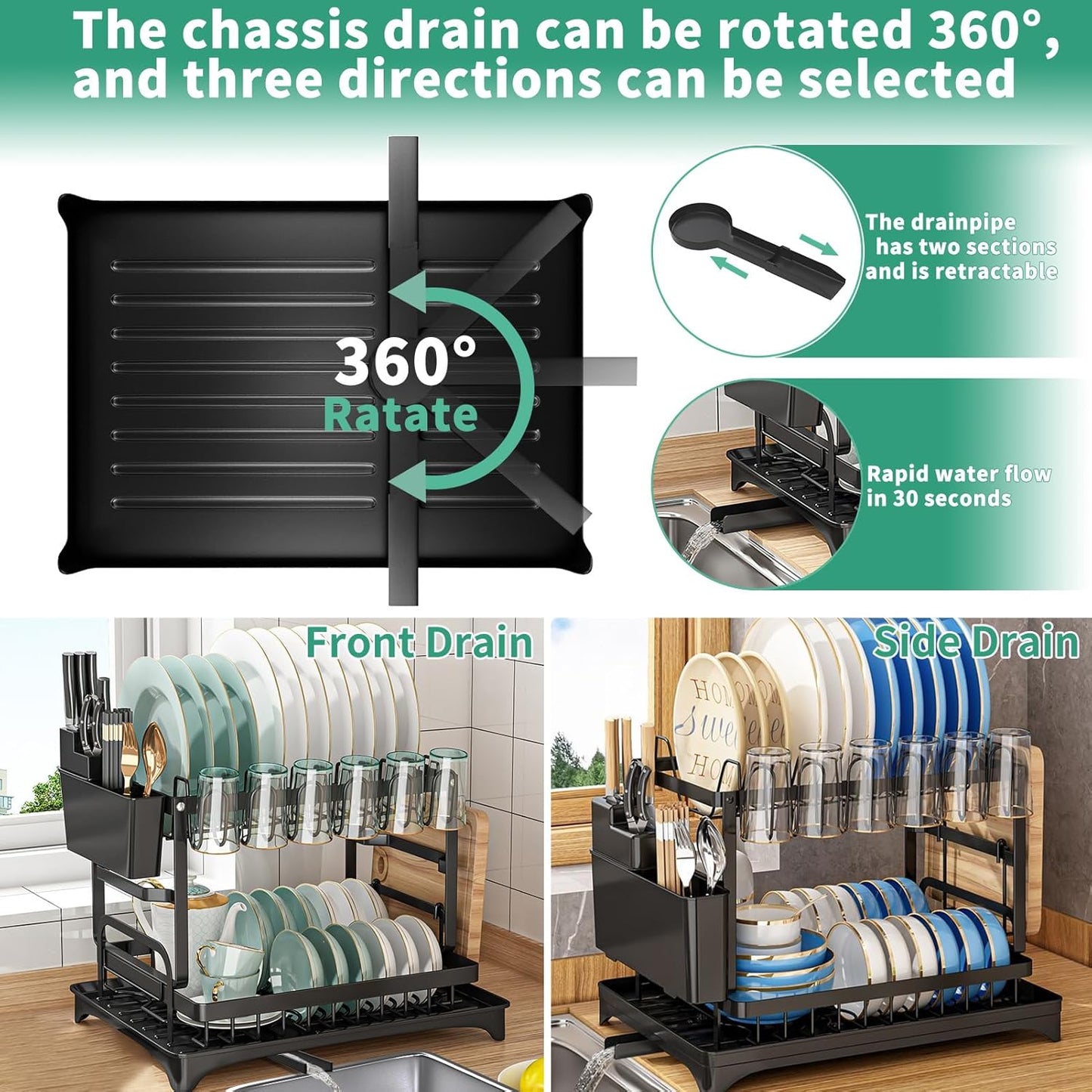 ✨Dish drying rack, large 2-tier dish drainer for kitchen countertop with stainless steel drip tray for plates/knives/cups/cutting board
