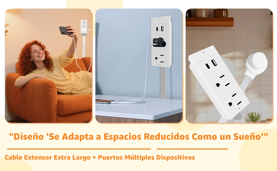 ⚡Power Strip Extender - Power strip expander, extendable outlet for hard-to-reach places, features USB-A, USB-C, 2 AC outlets, rotates 180°