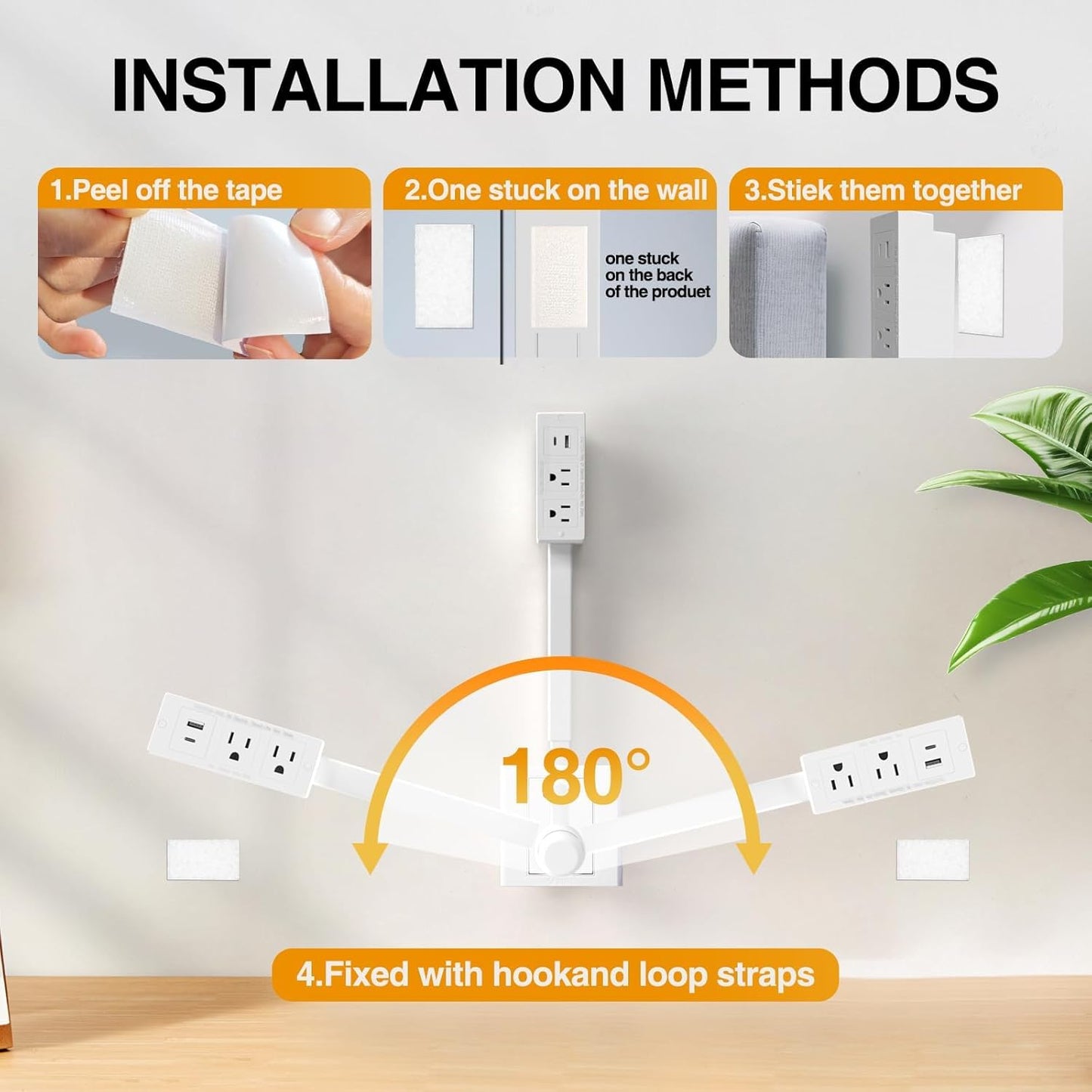 ⚡Power Strip Extender - Power strip expander, extendable outlet for hard-to-reach places, features USB-A, USB-C, 2 AC outlets, rotates 180°