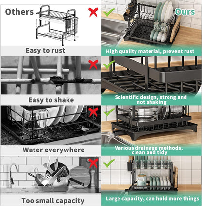 ✨Dish drying rack, large 2-tier dish drainer for kitchen countertop with stainless steel drip tray for plates/knives/cups/cutting board