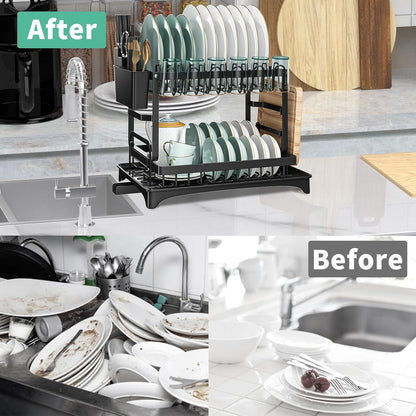 ✨Dish drying rack, large 2-tier dish drainer for kitchen countertop with stainless steel drip tray for plates/knives/cups/cutting board