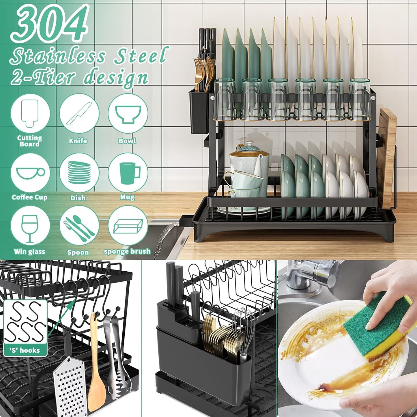 ✨Dish drying rack, large 2-tier dish drainer for kitchen countertop with stainless steel drip tray for plates/knives/cups/cutting board