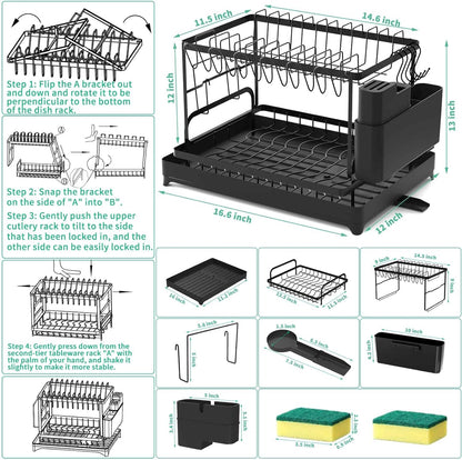 ✨Dish drying rack, large 2-tier dish drainer for kitchen countertop with stainless steel drip tray for plates/knives/cups/cutting board