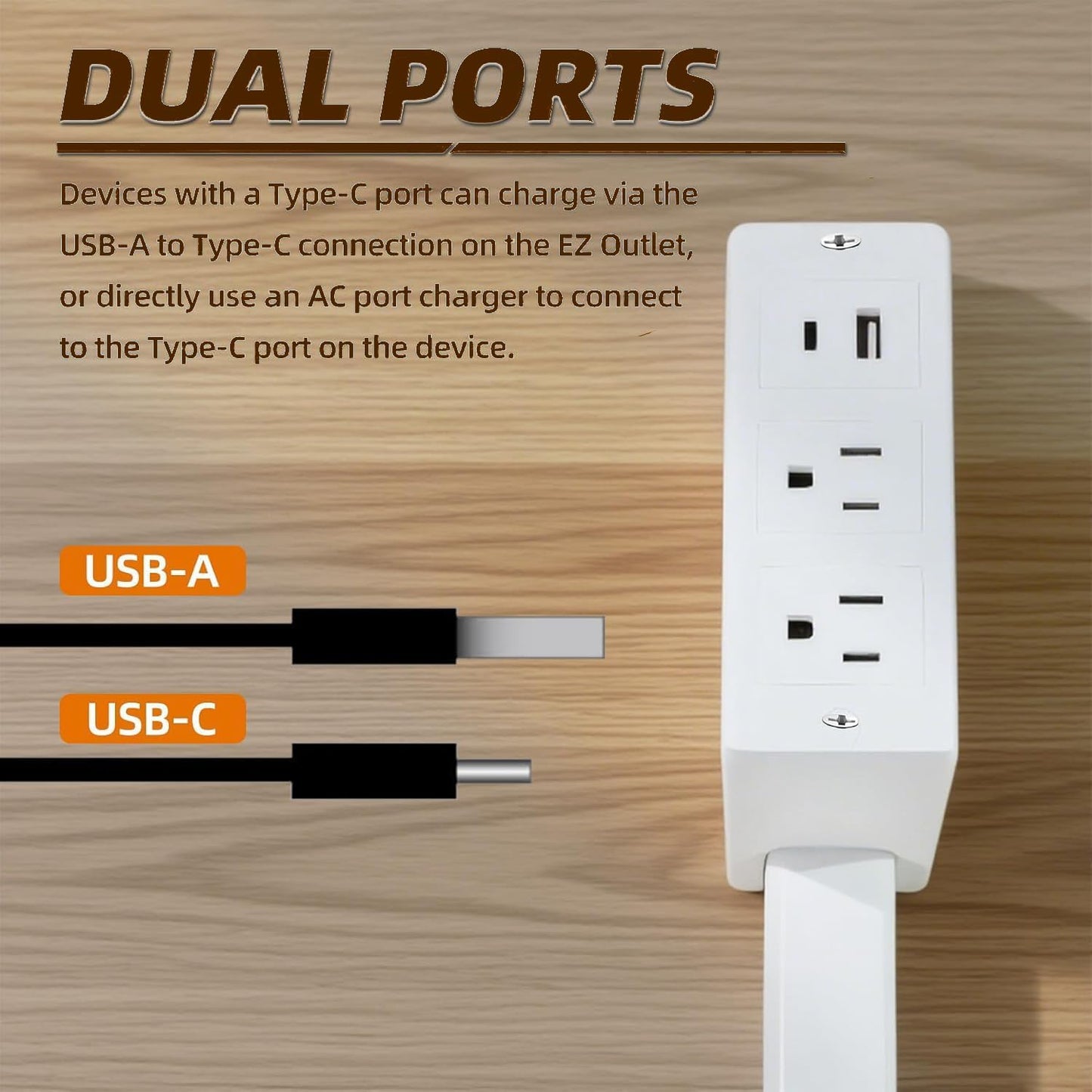 ⚡Power Strip Extender - Power strip expander, extendable outlet for hard-to-reach places, features USB-A, USB-C, 2 AC outlets, rotates 180°