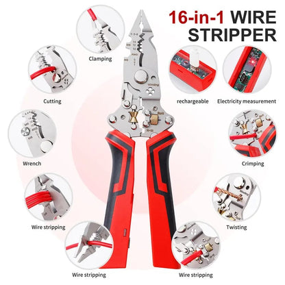 ⏰Almost Sold Out‼️-16 in 1 Wire Stripper Twister for Cutting and Pulling Wires,Cable Scissors,Voltage Tester Pliers, 12V to 250V Live,Null,Hot Wire Judgment AC DC, Audible and Flashing LED Alarms