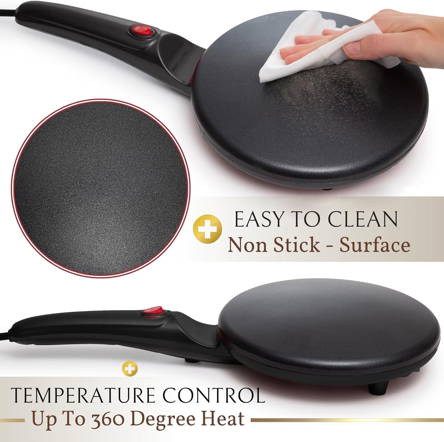 ✨Electric Crepe Maker – 8” Portable Crepe Pan Nonstick with Dipping Plate, Auto Shut-Off, On/Off Switch