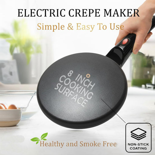 ✨Electric Crepe Maker – 8” Portable Crepe Pan Nonstick with Dipping Plate, Auto Shut-Off, On/Off Switch