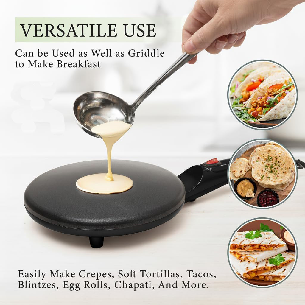 ✨Electric Crepe Maker – 8” Portable Crepe Pan Nonstick with Dipping Plate, Auto Shut-Off, On/Off Switch