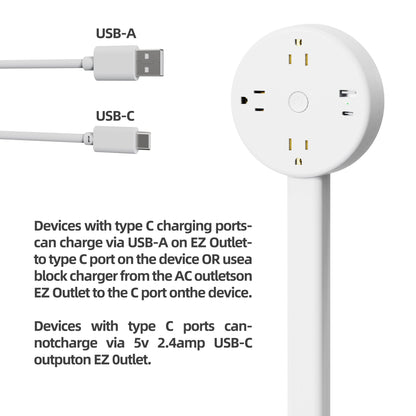 ⚡Power Strip Extender - Power strip expander, extendable outlet for hard-to-reach places, features USB-A, USB-C, 2 AC outlets, rotates 180°