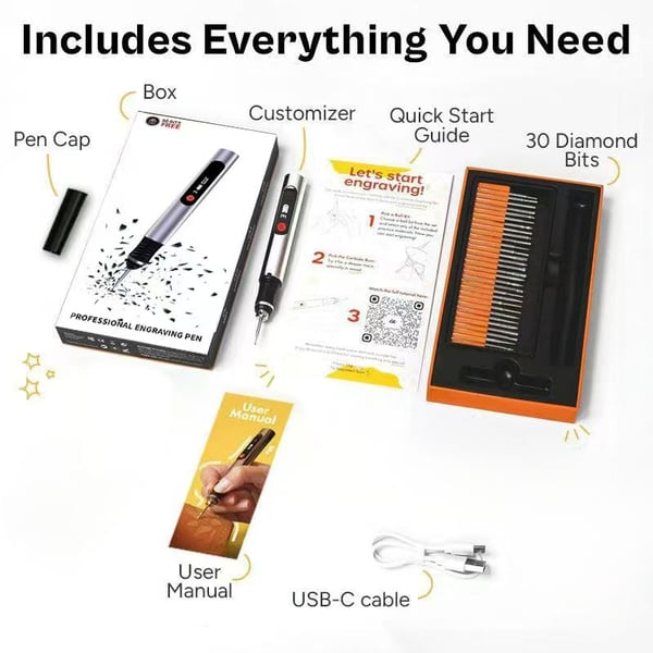 Customizer Engraving Pen with 30 Free Diamond Bits-Personalized Gifts & USB-C Fast Charger ,Easy to Use, 3 Speed Settings 5000-18000 RPM