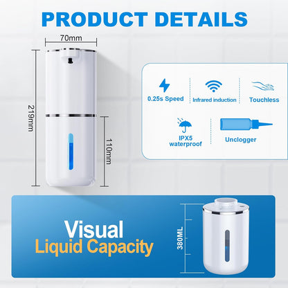 Automatic Liquid Soap Dispenser, 12.8oz/380ml Wall Mount Touchless Soap Dispenser with Sensor, 4-Level Adjustable, IPX5 Waterproof
