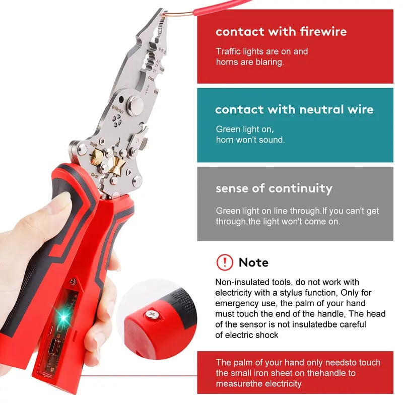 ⏰Almost Sold Out‼️-16 in 1 Wire Stripper Twister for Cutting and Pulling Wires,Cable Scissors,Voltage Tester Pliers, 12V to 250V Live,Null,Hot Wire Judgment AC DC, Audible and Flashing LED Alarms