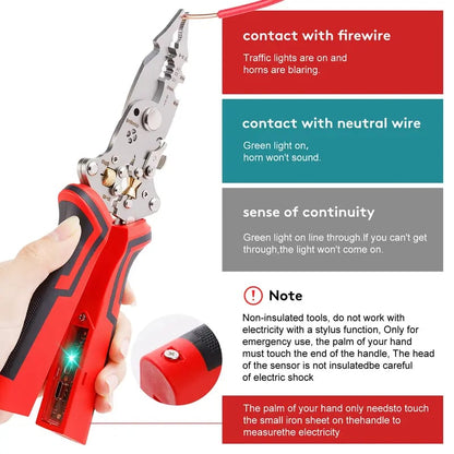 ⏰Almost Sold Out‼️-16 in 1 Wire Stripper Twister for Cutting and Pulling Wires,Cable Scissors,Voltage Tester Pliers, 12V to 250V Live,Null,Hot Wire Judgment AC DC, Audible and Flashing LED Alarms